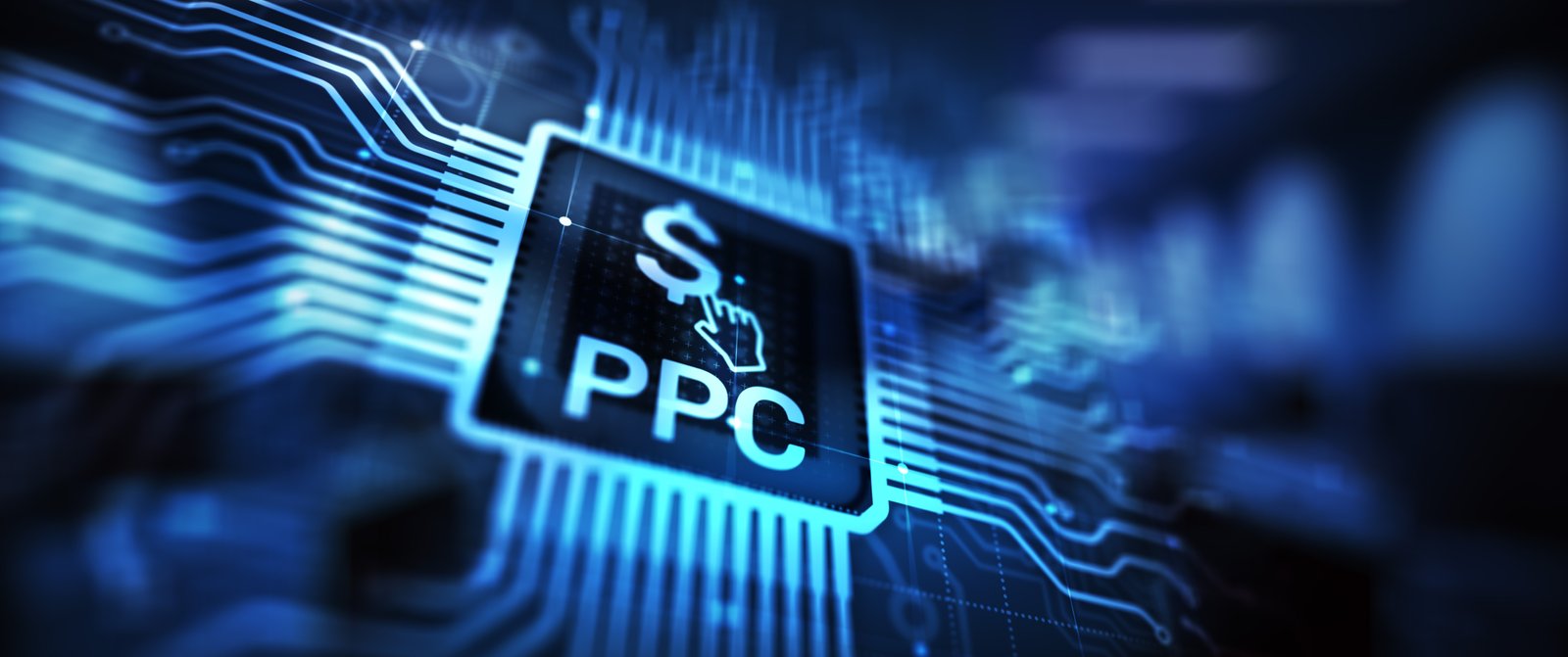 PPC-Marketing-Konzept mit Dollar-Symbol und digitalem Schaltkreis