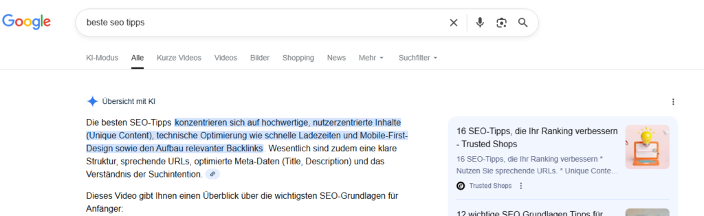 Google Suchergebnis mit KI Übersicht zu SEO Tipps und zusammengefassten Antworten direkt in der Suche
