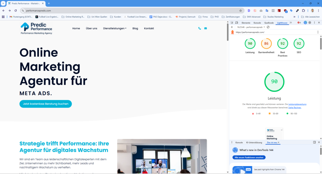 Google Lighthouse Analyse mit Bewertung von Leistung, Barrierefreiheit, Best Practices und SEO