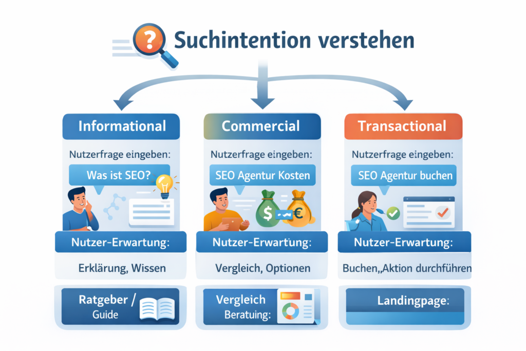Suchintention im SEO einfach erklärt mit informational, commercial und transactional Beispielen
