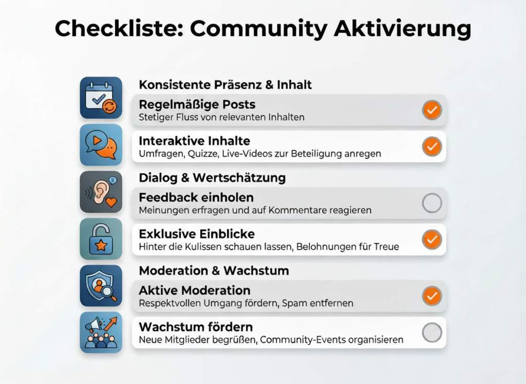 Checkliste zur Community-Aktivierung mit Maßnahmen wie regelmäßigen Posts, interaktiven Inhalten und aktivem Dialog