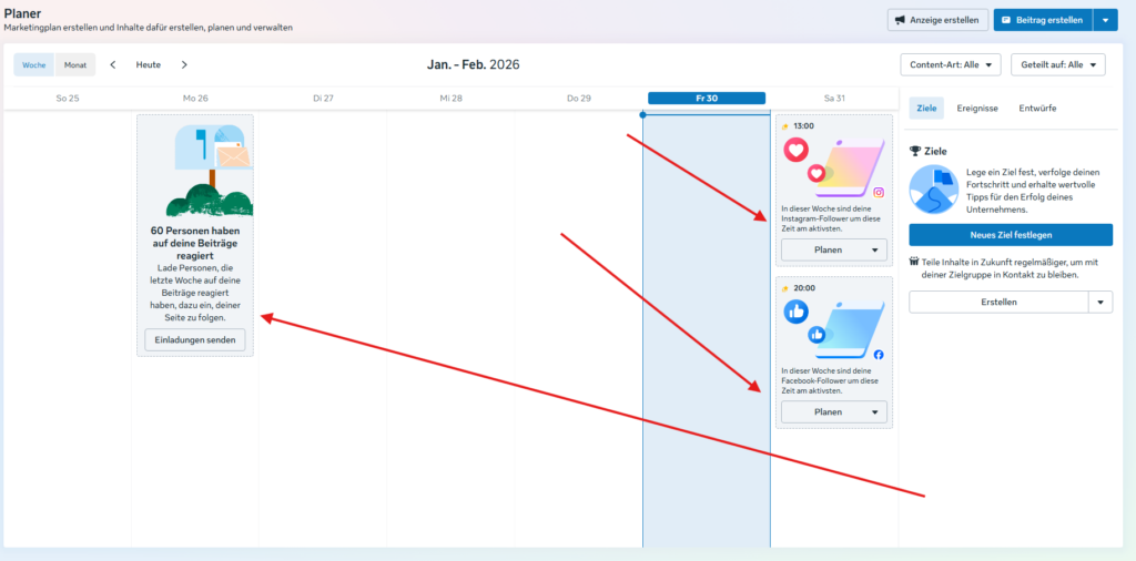Übersicht geplanter Social-Media-Beiträge im Meta Business Planer zur Darstellung von Posting-Zeiten und Regelmäßigkeit