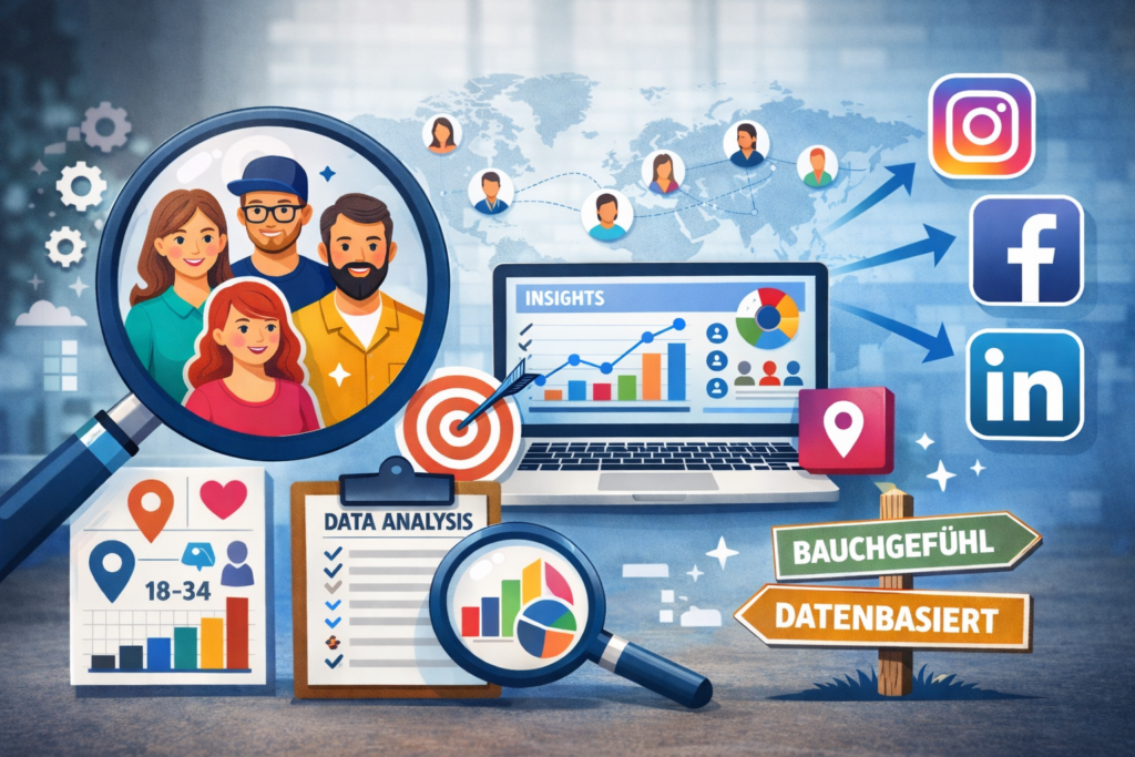 Analyse einer Zielgruppe mithilfe von Social-Media-Analytics zur Auswahl der passenden Plattformen.